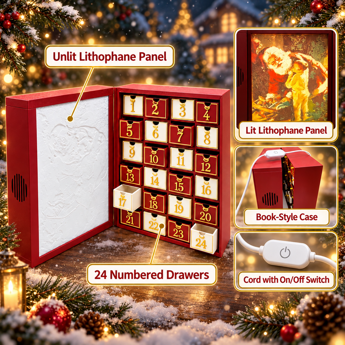 Christmas Advent calendar Light Up Lithophane With 24 Reusable Drawers