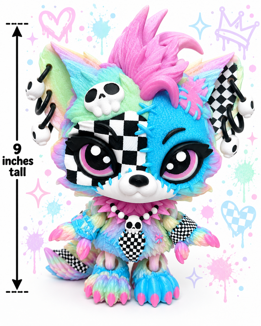 9" Lupa the Voodoo Wolf Pup  —  5 color Articulated 3D Printed Stitch figurine Wolf w/ Skull Earrings