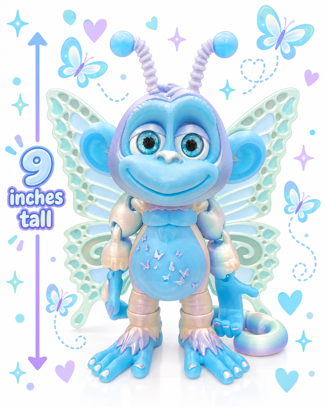 9" GlitterWing Butterfly Monkey Figurine | Rare Articulated 3D Printed Collectible