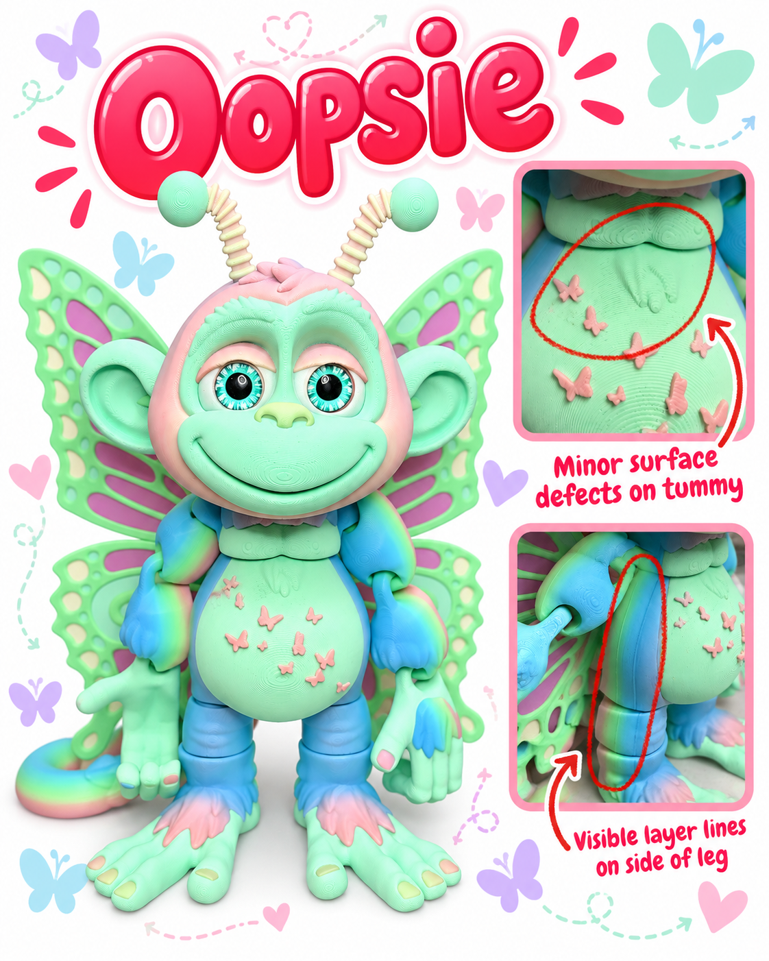 9" GlitterWing Butterfly Monkey Figurine | Rare Articulated 3D Printed Collectible