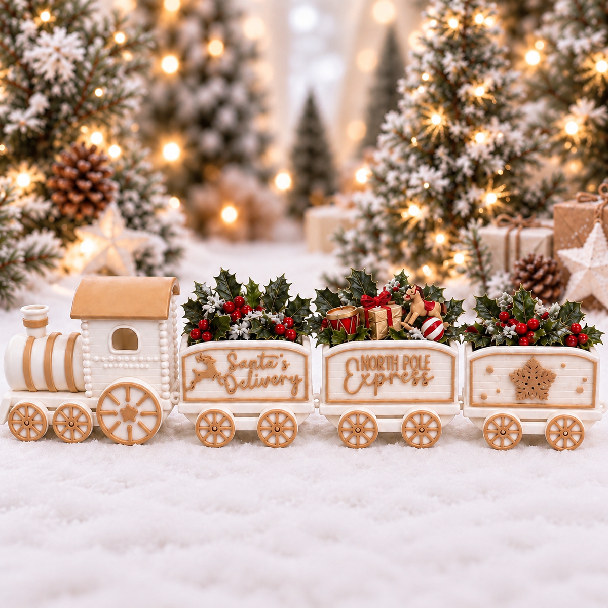 North Pole Christmas Train 4 Piece Set Holiday Decor