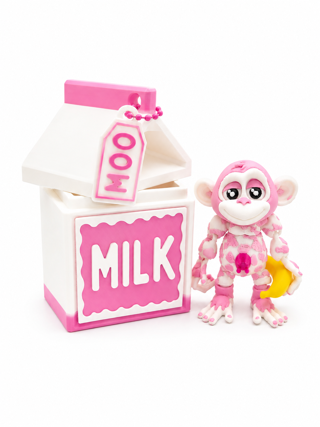 Strawberry Milk Moo-nkey with pink milk carton