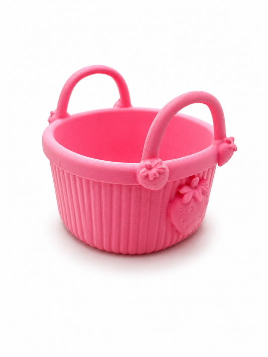 Pink strawberry basket caddy 3D printed trinket and makeup organizer