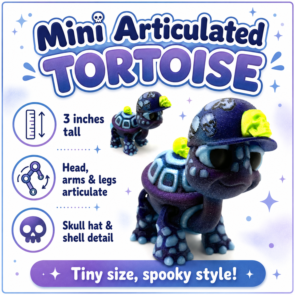 Mini articulated tortoise with skull hat, 3 inches